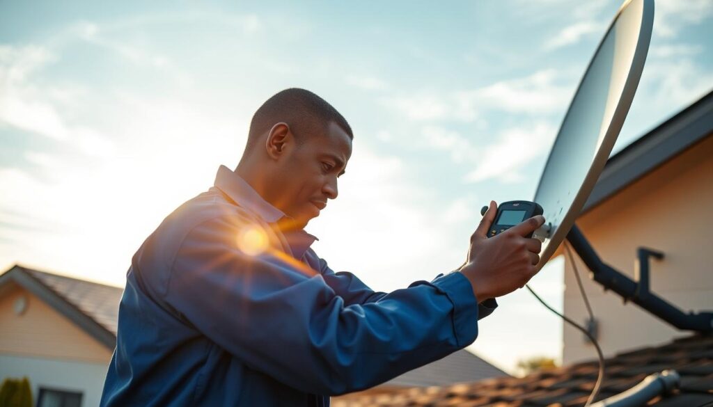A DStv maintenance technician, dressed in a blue uniform, carefully aligns a satellite dish on the rooftop of a modern suburban home. With a focused expression, they use a handheld signal strength meter to test the satellite signal, ensuring optimal performance. The technician's work is illuminated by warm, golden sunlight that casts long shadows, creating a sense of purpose and professionalism. In the background, a clear blue sky with wispy clouds provides a serene, natural backdrop, emphasizing the importance of the technician's expertise in maintaining reliable DStv service. A DStv maintenance technician, dressed in a blue uniform, carefully aligns a satellite dish on the rooftop of a modern suburban home. With a focused expression, they use a handheld signal strength meter to test the satellite signal, ensuring optimal performance. The technician's work is illuminated by warm, golden sunlight that casts long shadows, creating a sense of purpose and professionalism. In the background, a clear blue sky with wispy clouds provides a serene, natural backdrop, emphasizing the importance of the technician's expertise in maintaining reliable DStv service.