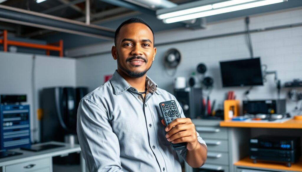 A DStv remote control troubleshooting specialist dressed in a crisp, professional uniform, standing confidently in a well-lit, modern DStv installation workshop. The specialist's expression conveys expertise and a dedication to providing excellent customer service. The workshop features state-of-the-art DStv equipment, neatly organized tools, and a clean, organized workspace, creating an atmosphere of professionalism and reliability. The lighting is bright and directional, casting subtle shadows that accentuate the specialist's features and the surrounding equipment. The camera angle is slightly elevated, giving the viewer a sense of the specialist's competence and authority in resolving DStv remote control issues across all areas of Sandton. A DStv remote control troubleshooting specialist dressed in a crisp, professional uniform, standing confidently in a well-lit, modern DStv installation workshop. The specialist's expression conveys expertise and a dedication to providing excellent customer service. The workshop features state-of-the-art DStv equipment, neatly organized tools, and a clean, organized workspace, creating an atmosphere of professionalism and reliability. The lighting is bright and directional, casting subtle shadows that accentuate the specialist's features and the surrounding equipment. The camera angle is slightly elevated, giving the viewer a sense of the specialist's competence and authority in resolving DStv remote control issues across all areas of Sandton.