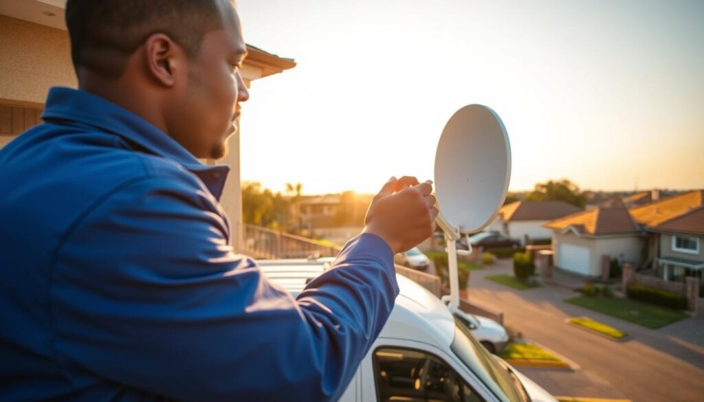 A DStv signal strength improvement technician, dressed in a crisp blue uniform, carefully examining a satellite dish mounted on a residential rooftop. The sun casts a warm glow, highlighting the technician's focused expression as they meticulously adjust the dish's angle and positioning, ensuring optimal signal reception. In the middle ground, a van emblazoned with the DStv logo stands nearby, a testament to the technician's mobile expertise. The background features a serene suburban landscape, with neatly manicured lawns and well-maintained homes, conveying a sense of professionalism and reliability that DStv Installer Sandton is known for. A DStv signal strength improvement technician, dressed in a crisp blue uniform, carefully examining a satellite dish mounted on a residential rooftop. The sun casts a warm glow, highlighting the technician's focused expression as they meticulously adjust the dish's angle and positioning, ensuring optimal signal reception. In the middle ground, a van emblazoned with the DStv logo stands nearby, a testament to the technician's mobile expertise. The background features a serene suburban landscape, with neatly manicured lawns and well-maintained homes, conveying a sense of professionalism and reliability that DStv Installer Sandton is known for.