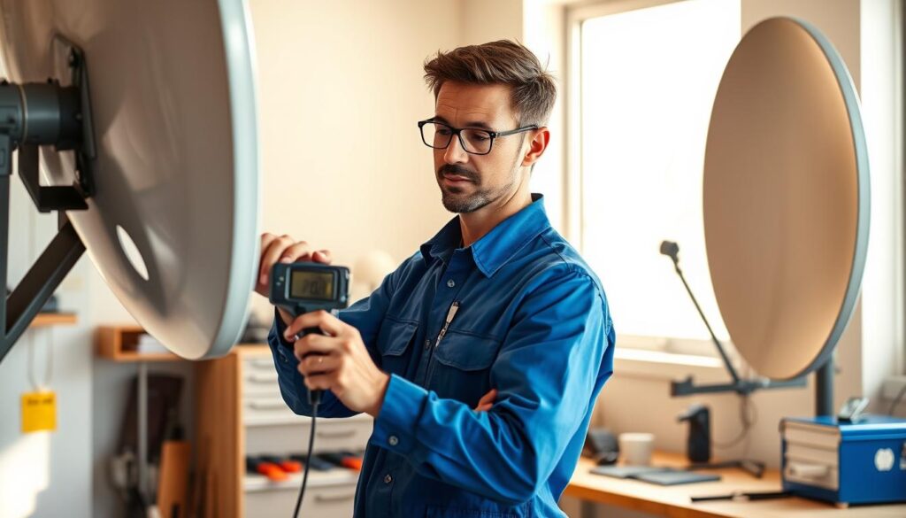 A DStv technician in a blue uniform, standing in a neat, well-lit room, holding a satellite dish alignment tool. Their face is focused and professional as they carefully calibrate the dish, ensuring optimal signal reception. The room has a clean, organized appearance, with tools and equipment neatly arranged, conveying a sense of expertise and attention to detail. The lighting is warm and natural, highlighting the technician's efficient movements and the precision of their work. A DStv technician in a blue uniform, standing in a neat, well-lit room, holding a satellite dish alignment tool. Their face is focused and professional as they carefully calibrate the dish, ensuring optimal signal reception. The room has a clean, organized appearance, with tools and equipment neatly arranged, conveying a sense of expertise and attention to detail. The lighting is warm and natural, highlighting the technician's efficient movements and the precision of their work.