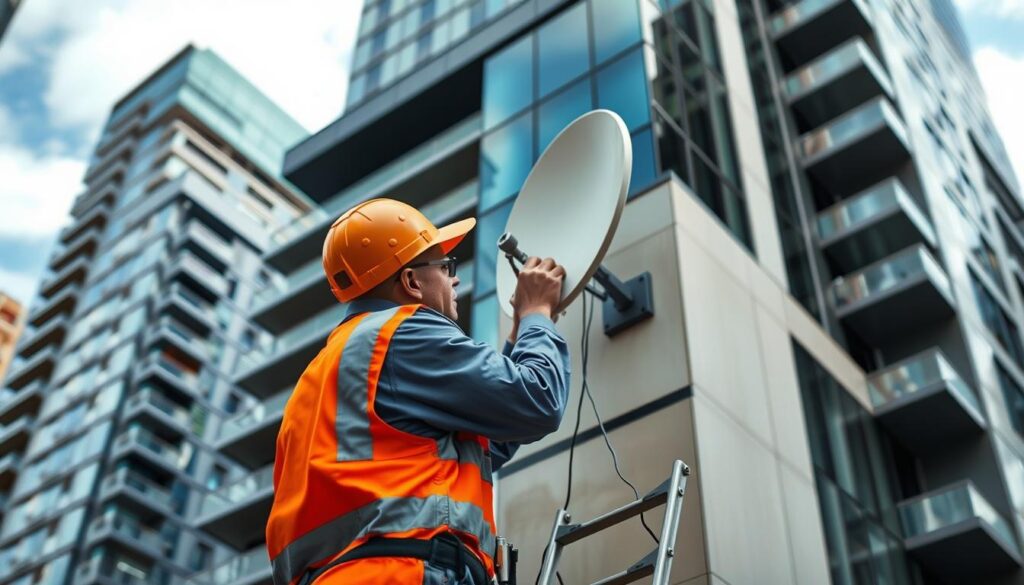 A bustling commercial scene in Sandton, South Africa, showcasing a DSTV installation service. In the foreground, a professional technician in a uniform diligently connects cables and sets up a DSTV satellite dish on the exterior of a modern high-rise building. The middle ground features the company's branded van parked nearby, while in the background, the iconic skyscrapers and upscale architecture of the Sandton CBD create an urban, cosmopolitan atmosphere. Warm, diffused lighting casts a professional, efficient vibe, captured through a medium-wide angle lens that emphasizes the technician's skilled work and the company's comprehensive service coverage across the Sandton area. A bustling commercial scene in Sandton, South Africa, showcasing a DSTV installation service. In the foreground, a professional technician in a uniform diligently connects cables and sets up a DSTV satellite dish on the exterior of a modern high-rise building. The middle ground features the company's branded van parked nearby, while in the background, the iconic skyscrapers and upscale architecture of the Sandton CBD create an urban, cosmopolitan atmosphere. Warm, diffused lighting casts a professional, efficient vibe, captured through a medium-wide angle lens that emphasizes the technician's skilled work and the company's comprehensive service coverage across the Sandton area.