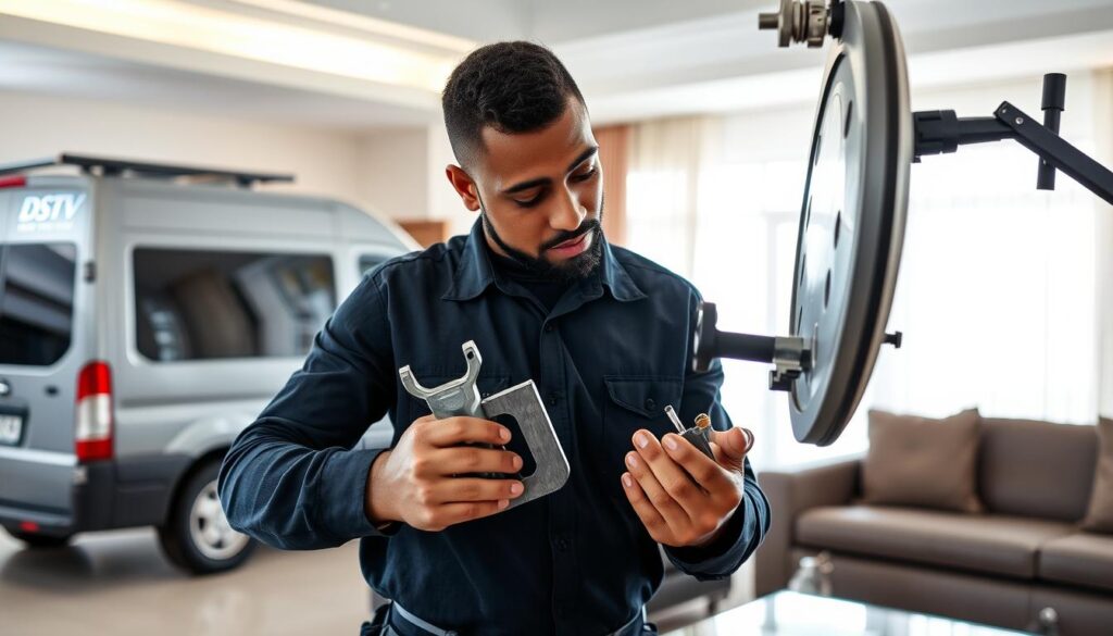 A certified DSTV installer meticulously examining a satellite dish, tools in hand, exuding professionalism and expertise. The scene is set in a well-lit, modern living room, with sleek furniture and natural lighting flooding the space. The installer's focused expression and careful movements convey a deep understanding of DSTV technology, ensuring reliable repairs and superior service. The background showcases the installer's van, signaling the availability of prompt, on-site assistance. An atmosphere of trust and competence pervades the scene, reflecting the superior value that a skilled DSTV installer in Sandton can provide. A certified DSTV installer meticulously examining a satellite dish, tools in hand, exuding professionalism and expertise. The scene is set in a well-lit, modern living room, with sleek furniture and natural lighting flooding the space. The installer's focused expression and careful movements convey a deep understanding of DSTV technology, ensuring reliable repairs and superior service. The background showcases the installer's van, signaling the availability of prompt, on-site assistance. An atmosphere of trust and competence pervades the scene, reflecting the superior value that a skilled DSTV installer in Sandton can provide.