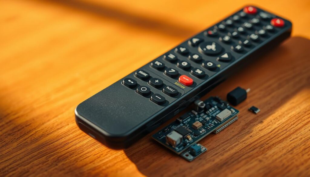 A close-up view of a DSTV remote control on a wooden surface, with a circuit board and various electronic components laid out around it for diagnostic purposes. The remote is positioned at a slight angle, casting a soft shadow. The lighting is warm and directional, creating dramatic shadows and highlights that accentuate the textures and details of the components. The background is blurred, keeping the focus on the remote and the diagnostic elements. The overall mood is one of technical analysis and problem-solving, reflecting the subject of DStv remote control repair in Sandton. A close-up view of a DSTV remote control on a wooden surface, with a circuit board and various electronic components laid out around it for diagnostic purposes. The remote is positioned at a slight angle, casting a soft shadow. The lighting is warm and directional, creating dramatic shadows and highlights that accentuate the textures and details of the components. The background is blurred, keeping the focus on the remote and the diagnostic elements. The overall mood is one of technical analysis and problem-solving, reflecting the subject of DStv remote control repair in Sandton.