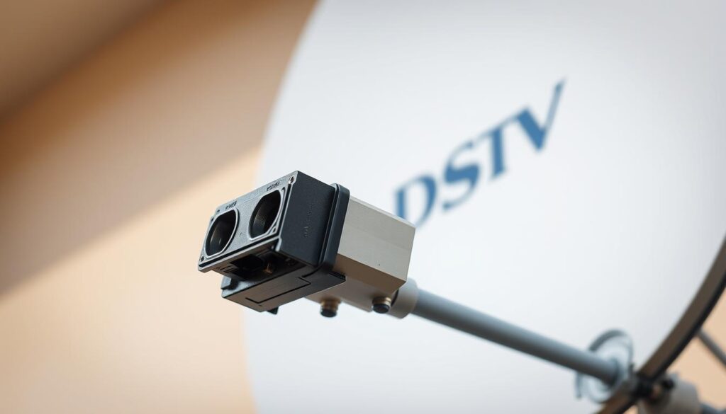 A close-up view of a DStv satellite dish LNB (Low Noise Block) converter, set against a softly blurred background. The LNB is depicted in intricate detail, showcasing its internal components and the interface that connects it to the satellite dish. The lighting is natural and evenly distributed, creating a sense of clarity and technical precision. The overall composition emphasizes the LNB's importance in the DStv signal reception process, conveying a mood of problem-solving and professional repair solutions. A close-up view of a DStv satellite dish LNB (Low Noise Block) converter, set against a softly blurred background. The LNB is depicted in intricate detail, showcasing its internal components and the interface that connects it to the satellite dish. The lighting is natural and evenly distributed, creating a sense of clarity and technical precision. The overall composition emphasizes the LNB's importance in the DStv signal reception process, conveying a mood of problem-solving and professional repair solutions.