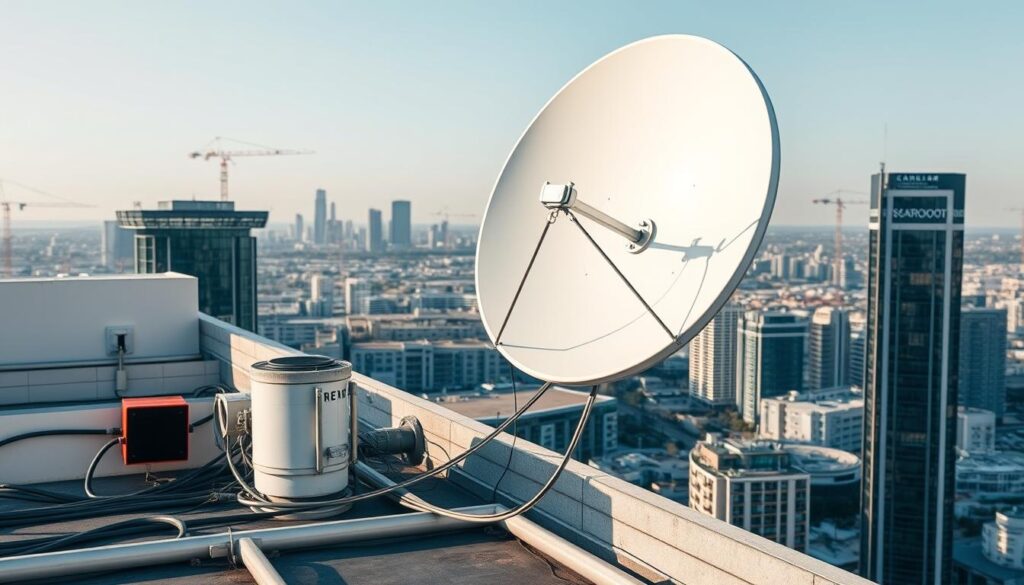 A communal DSTV dish installation on the rooftop of a modern high-rise building in Sandton. The large satellite dish is mounted on a sturdy metal frame, with multiple cable connections leading down into the building below. The scene is bathed in soft, even lighting, creating clean shadows and highlights that emphasize the technical precision of the installation. In the background, the skyline of Sandton's financial district is visible, with sleek glass towers and cranes dotting the horizon. The overall impression is one of efficient, reliable commercial-grade DSTV service for the tenants and businesses of the complex. A communal DSTV dish installation on the rooftop of a modern high-rise building in Sandton. The large satellite dish is mounted on a sturdy metal frame, with multiple cable connections leading down into the building below. The scene is bathed in soft, even lighting, creating clean shadows and highlights that emphasize the technical precision of the installation. In the background, the skyline of Sandton's financial district is visible, with sleek glass towers and cranes dotting the horizon. The overall impression is one of efficient, reliable commercial-grade DSTV service for the tenants and businesses of the complex.