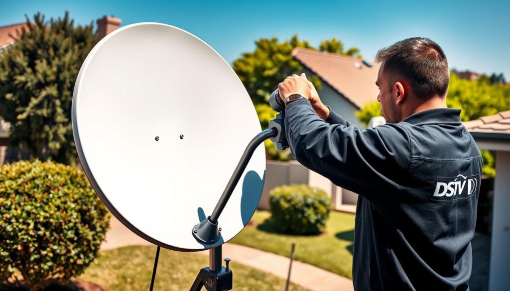A detailed, photorealistic image of a DStv dish installation for a relocated decoder. The dish is mounted on a sturdy pole, angled precisely to receive the satellite signal. The installation is set against a backdrop of a well-manicured suburban garden, with lush greenery and a clear blue sky. The technician, wearing a DStv uniform, is meticulously adjusting the dish to ensure optimal signal reception. The lighting is natural and directional, creating soft shadows and highlights that enhance the depth and texture of the scene. The overall composition is balanced and visually appealing, showcasing the professional, high-quality nature of the DStv relocation service. A detailed, photorealistic image of a DStv dish installation for a relocated decoder. The dish is mounted on a sturdy pole, angled precisely to receive the satellite signal. The installation is set against a backdrop of a well-manicured suburban garden, with lush greenery and a clear blue sky. The technician, wearing a DStv uniform, is meticulously adjusting the dish to ensure optimal signal reception. The lighting is natural and directional, creating soft shadows and highlights that enhance the depth and texture of the scene. The overall composition is balanced and visually appealing, showcasing the professional, high-quality nature of the DStv relocation service.