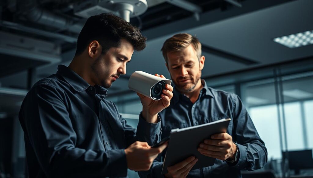 A dimly lit commercial office space, two certified security camera technicians in uniform perform a thorough CCTV system assessment. One technician examines the camera housing, adjusting the lens and checking connections, while the other takes detailed notes on a clipboard. The scene is bathed in the soft glow of task lighting, casting subtle shadows that emphasize the precision of their work. The background is filled with the sleek, modern design of the office, conveying a sense of professionalism and expertise. The technicians' expressions are focused, their movements deliberate, showcasing their specialized skills and commitment to ensuring the optimal performance of the security system. A dimly lit commercial office space, two certified security camera technicians in uniform perform a thorough CCTV system assessment. One technician examines the camera housing, adjusting the lens and checking connections, while the other takes detailed notes on a clipboard. The scene is bathed in the soft glow of task lighting, casting subtle shadows that emphasize the precision of their work. The background is filled with the sleek, modern design of the office, conveying a sense of professionalism and expertise. The technicians' expressions are focused, their movements deliberate, showcasing their specialized skills and commitment to ensuring the optimal performance of the security system.