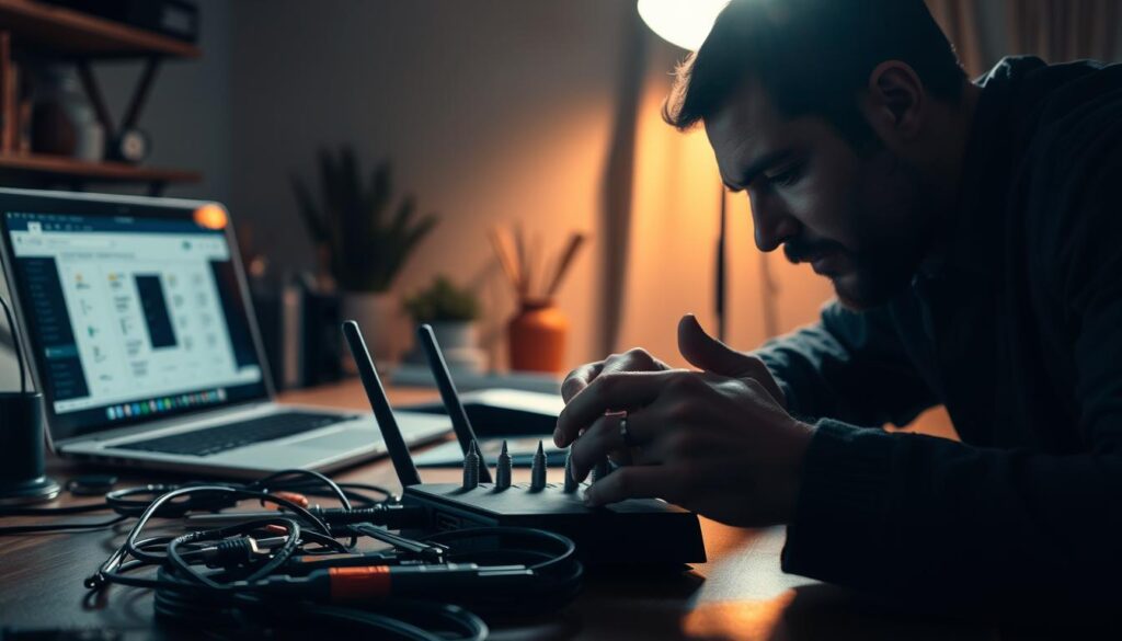 A dimly lit home office, the glow of a laptop and router casting a warm hue. On the desk, a toolkit of ethernet cables, screwdrivers, and diagnostic tools. In the foreground, a technician's hands carefully examining the network equipment, brow furrowed in concentration. The background blurs, drawing the eye to the task at hand - troubleshooting and optimizing the Wi-Fi network for optimal performance. Soft shadows create depth, while strategic lighting illuminates the problem-solving process. The scene conveys a sense of professionalism and dedication to providing reliable, high-quality Wi-Fi services. A dimly lit home office, the glow of a laptop and router casting a warm hue. On the desk, a toolkit of ethernet cables, screwdrivers, and diagnostic tools. In the foreground, a technician's hands carefully examining the network equipment, brow furrowed in concentration. The background blurs, drawing the eye to the task at hand - troubleshooting and optimizing the Wi-Fi network for optimal performance. Soft shadows create depth, while strategic lighting illuminates the problem-solving process. The scene conveys a sense of professionalism and dedication to providing reliable, high-quality Wi-Fi services.
