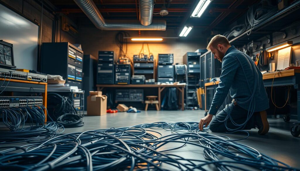 A dimly lit, industrial-style workshop with a technician kneeling on the floor, carefully arranging network cables and switches. The foreground showcases the intricate web of Ethernet cables, fiber optic lines, and RJ45 connectors, conveying the technical expertise required for professional network cabling installation. In the middle ground, various networking equipment, such as routers, patch panels, and cable management trays, are neatly organized, reflecting the meticulous attention to detail. The background features a cluttered but organized workbench, with tools, spare parts, and technical manuals, creating an atmosphere of a well-equipped and experienced networking services provider. Warm, directional lighting from overhead sources casts subtle shadows, adding depth and a sense of technical professionalism to the scene. A dimly lit, industrial-style workshop with a technician kneeling on the floor, carefully arranging network cables and switches. The foreground showcases the intricate web of Ethernet cables, fiber optic lines, and RJ45 connectors, conveying the technical expertise required for professional network cabling installation. In the middle ground, various networking equipment, such as routers, patch panels, and cable management trays, are neatly organized, reflecting the meticulous attention to detail. The background features a cluttered but organized workbench, with tools, spare parts, and technical manuals, creating an atmosphere of a well-equipped and experienced networking services provider. Warm, directional lighting from overhead sources casts subtle shadows, adding depth and a sense of technical professionalism to the scene.