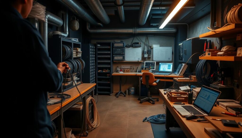A dimly lit, industrial-style workshop with cable reels, network switches, and ethernet cables neatly organized on workbenches. In the foreground, a technician in a blue uniform carefully terminates and tests an ethernet cable. The middle ground features a wall-mounted patch panel and a desk with a laptop displaying network schematics. The background showcases a variety of tools and equipment used for professional data cabling installation. Soft, warm lighting creates a focused, detail-oriented atmosphere, conveying the expertise and precision required for expert ethernet cabling services. A dimly lit, industrial-style workshop with cable reels, network switches, and ethernet cables neatly organized on workbenches. In the foreground, a technician in a blue uniform carefully terminates and tests an ethernet cable. The middle ground features a wall-mounted patch panel and a desk with a laptop displaying network schematics. The background showcases a variety of tools and equipment used for professional data cabling installation. Soft, warm lighting creates a focused, detail-oriented atmosphere, conveying the expertise and precision required for expert ethernet cabling services.