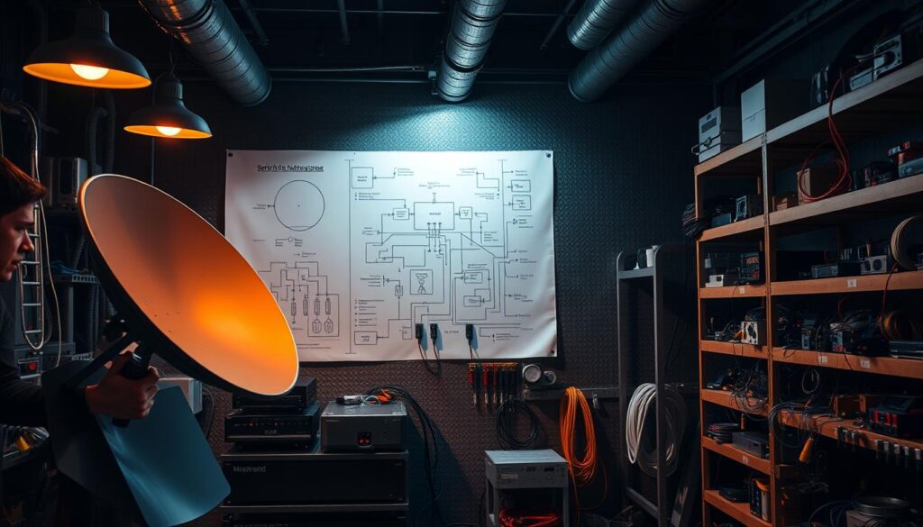 A dimly lit industrial workshop, filled with an array of modern DStv installation tools and equipment. In the foreground, a technician meticulously wiring a state-of-the-art satellite dish, its reflective surface capturing the warm glow of overhead lamps. Beside them, a rack of cutting-edge amplifiers and signal boosters, their sleek, minimalist designs hinting at their advanced capabilities. In the middle ground, a large schematic diagram of a complex DStv system, its intricate wiring and component layout illuminated by a soft, focused light. In the background, shelves stocked with an assortment of specialized cables, connectors, and installation accessories, showcasing the breadth of modern DStv installation technologies. A dimly lit industrial workshop, filled with an array of modern DStv installation tools and equipment. In the foreground, a technician meticulously wiring a state-of-the-art satellite dish, its reflective surface capturing the warm glow of overhead lamps. Beside them, a rack of cutting-edge amplifiers and signal boosters, their sleek, minimalist designs hinting at their advanced capabilities. In the middle ground, a large schematic diagram of a complex DStv system, its intricate wiring and component layout illuminated by a soft, focused light. In the background, shelves stocked with an assortment of specialized cables, connectors, and installation accessories, showcasing the breadth of modern DStv installation technologies.