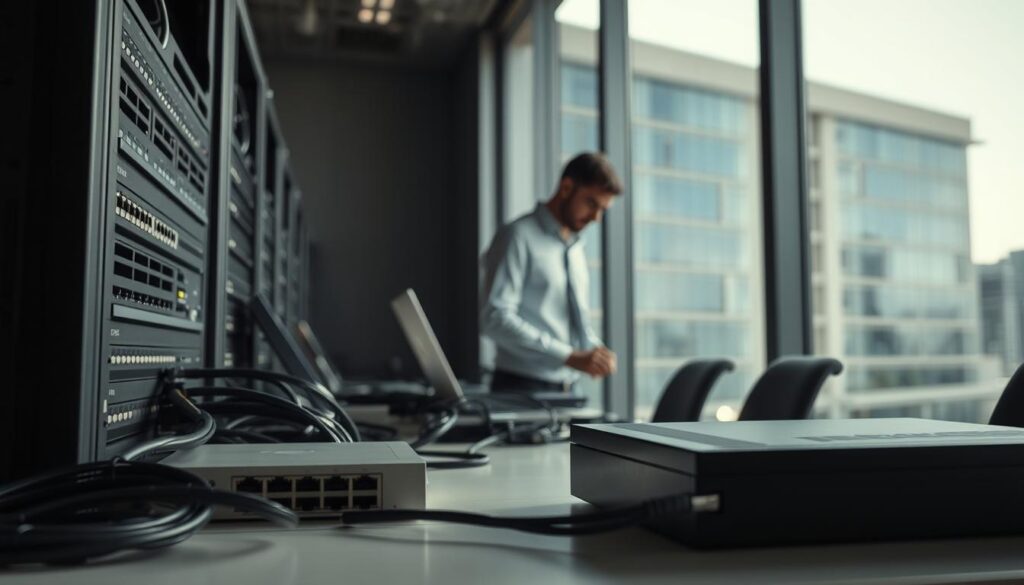 A dimly lit, professional network hardware installation scene in Sandton. In the foreground, neatly organized ethernet cables, switches, and routers sit on a clean workbench. The middle ground features a technician in a crisp button-down shirt and slacks, intently focused on configuring the equipment. Soft, directional lighting casts subtle shadows, emphasizing the precision of the setup. In the background, the sleek, modern architecture of a Sandton office building can be seen through large windows, conveying a sense of a high-end, corporate environment. An atmosphere of competence, expertise, and attention to detail permeates the scene. A dimly lit, professional network hardware installation scene in Sandton. In the foreground, neatly organized ethernet cables, switches, and routers sit on a clean workbench. The middle ground features a technician in a crisp button-down shirt and slacks, intently focused on configuring the equipment. Soft, directional lighting casts subtle shadows, emphasizing the precision of the setup. In the background, the sleek, modern architecture of a Sandton office building can be seen through large windows, conveying a sense of a high-end, corporate environment. An atmosphere of competence, expertise, and attention to detail permeates the scene.