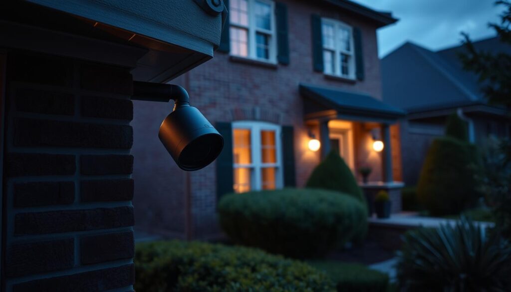 A dimly lit residential exterior at dusk, the focus on a modern security camera mounted discreetly on the corner of a two-story brick house. The camera's sleek, black housing blends seamlessly with the home's architectural details, casting a subtle, warm glow from its infrared illuminators. The camera is angled to provide a wide, comprehensive view of the driveway and front yard, ensuring comprehensive coverage for secure monitoring. The landscape is well-manicured, with lush shrubs and neatly trimmed hedges framing the scene, conveying a sense of safety and tranquility. The overall tone is one of reliable, unobtrusive protection for the homeowner. A dimly lit residential exterior at dusk, the focus on a modern security camera mounted discreetly on the corner of a two-story brick house. The camera's sleek, black housing blends seamlessly with the home's architectural details, casting a subtle, warm glow from its infrared illuminators. The camera is angled to provide a wide, comprehensive view of the driveway and front yard, ensuring comprehensive coverage for secure monitoring. The landscape is well-manicured, with lush shrubs and neatly trimmed hedges framing the scene, conveying a sense of safety and tranquility. The overall tone is one of reliable, unobtrusive protection for the homeowner.