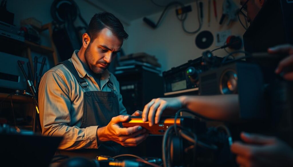 A dimly lit room in Sandton, with a technician in overalls intently focused on a DSTV receiver, surrounded by various tools and cables. The room has a cluttered, almost chaotic atmosphere, conveying the frustration and challenges often faced when dealing with DSTV signal problems. The technician's expression is one of determination, as they meticulously troubleshoot the issue, trying to restore the clear, high-quality DSTV signal that Sandton residents expect. The lighting is a mix of warm and cool tones, creating a sense of tension and urgency. The overall scene captures the essence of the DSTV repair service, highlighting the expertise and dedication required to resolve common signal problems affecting Sandton residents. A dimly lit room in Sandton, with a technician in overalls intently focused on a DSTV receiver, surrounded by various tools and cables. The room has a cluttered, almost chaotic atmosphere, conveying the frustration and challenges often faced when dealing with DSTV signal problems. The technician's expression is one of determination, as they meticulously troubleshoot the issue, trying to restore the clear, high-quality DSTV signal that Sandton residents expect. The lighting is a mix of warm and cool tones, creating a sense of tension and urgency. The overall scene captures the essence of the DSTV repair service, highlighting the expertise and dedication required to resolve common signal problems affecting Sandton residents.