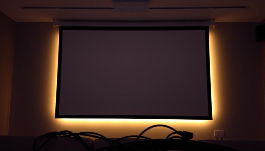 A dimly lit room with a sleek, modern projector screen mounted on the wall, casting a warm glow across the space. The screen is surrounded by a minimalist, black aluminum frame, seamlessly integrated into the decor. In the foreground, various cables and connectors are carefully organized and hidden, creating a clean, professional installation. The lighting is subtle, with soft ambient illumination highlighting the screen's surface, ready to display a vibrant, high-quality image. The overall atmosphere conveys a sense of technological sophistication and attention to detail, perfectly suited for a premium home theater or office presentation setup. A dimly lit room with a sleek, modern projector screen mounted on the wall, casting a warm glow across the space. The screen is surrounded by a minimalist, black aluminum frame, seamlessly integrated into the decor. In the foreground, various cables and connectors are carefully organized and hidden, creating a clean, professional installation. The lighting is subtle, with soft ambient illumination highlighting the screen's surface, ready to display a vibrant, high-quality image. The overall atmosphere conveys a sense of technological sophistication and attention to detail, perfectly suited for a premium home theater or office presentation setup.
