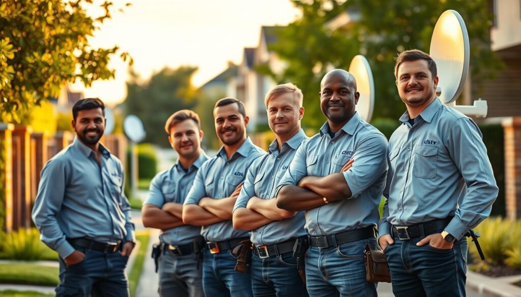 A group of professional DStv installers stand confidently in a residential neighborhood in Sandown, their uniform shirts and tool belts signaling their expertise. The afternoon sun casts warm, natural lighting across the scene, highlighting the focus and dedication on their faces as they carefully inspect satellite dishes mounted on nearby homes. In the background, lush greenery and modern architecture create a welcoming, suburban atmosphere, conveying the installers' reliable presence within the local community. The composition emphasizes their approachable demeanor and commitment to providing top-notch satellite service, reflecting their role as trusted experts in the Sandown area. A group of professional DStv installers stand confidently in a residential neighborhood in Sandown, their uniform shirts and tool belts signaling their expertise. The afternoon sun casts warm, natural lighting across the scene, highlighting the focus and dedication on their faces as they carefully inspect satellite dishes mounted on nearby homes. In the background, lush greenery and modern architecture create a welcoming, suburban atmosphere, conveying the installers' reliable presence within the local community. The composition emphasizes their approachable demeanor and commitment to providing top-notch satellite service, reflecting their role as trusted experts in the Sandown area.