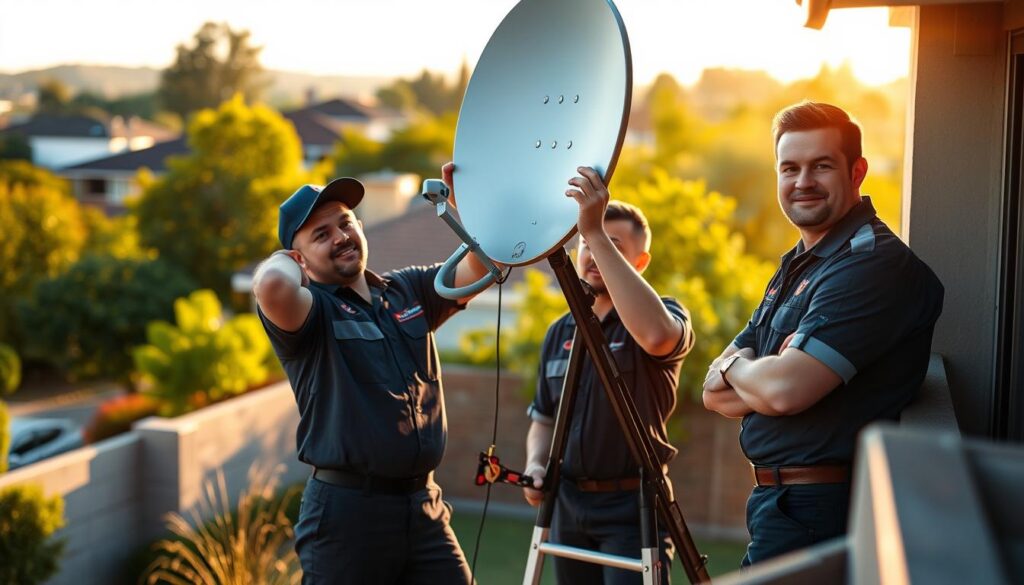 A high-quality image of MultiChoice accredited DStv installers in Chartwell, featuring three professional technicians in uniform expertly installing a DStv satellite dish on a modern suburban home. The scene is bathed in warm, golden afternoon sunlight with soft shadows and a blurred, picturesque background of lush greenery and neighboring houses. The installers demonstrate their technical proficiency and friendly demeanor, conveying the reliability and expertise of MultiChoice's accredited service providers. The image should capture the pride and care these technicians take in their work, highlighting why customers in Chartwell can trust them to handle their DStv installation and repair needs. A high-quality image of MultiChoice accredited DStv installers in Chartwell, featuring three professional technicians in uniform expertly installing a DStv satellite dish on a modern suburban home. The scene is bathed in warm, golden afternoon sunlight with soft shadows and a blurred, picturesque background of lush greenery and neighboring houses. The installers demonstrate their technical proficiency and friendly demeanor, conveying the reliability and expertise of MultiChoice's accredited service providers. The image should capture the pride and care these technicians take in their work, highlighting why customers in Chartwell can trust them to handle their DStv installation and repair needs.