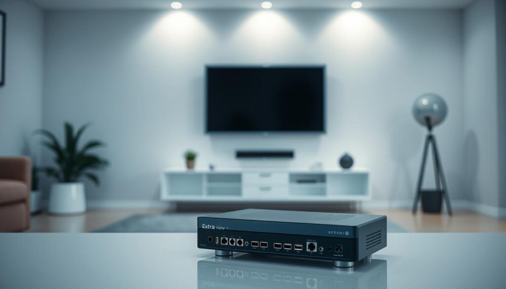 A high-quality image of the DStv Extra View system check price, showcasing the device in a well-lit, clean and professional setting. The foreground should prominently display the DStv Extra View box, with clear details of its ports, connectors, and design. The middle ground should include a sleek, modern entertainment center or TV stand, highlighting the integrated nature of the system. The background should feature a minimalist, neutral-toned room, with subtle lighting and clean lines to create a sense of sophistication and practicality. The overall mood should convey a sense of reliability, efficiency, and technical precision, befitting the subject matter. A high-quality image of the DStv Extra View system check price, showcasing the device in a well-lit, clean and professional setting. The foreground should prominently display the DStv Extra View box, with clear details of its ports, connectors, and design. The middle ground should include a sleek, modern entertainment center or TV stand, highlighting the integrated nature of the system. The background should feature a minimalist, neutral-toned room, with subtle lighting and clean lines to create a sense of sophistication and practicality. The overall mood should convey a sense of reliability, efficiency, and technical precision, befitting the subject matter.