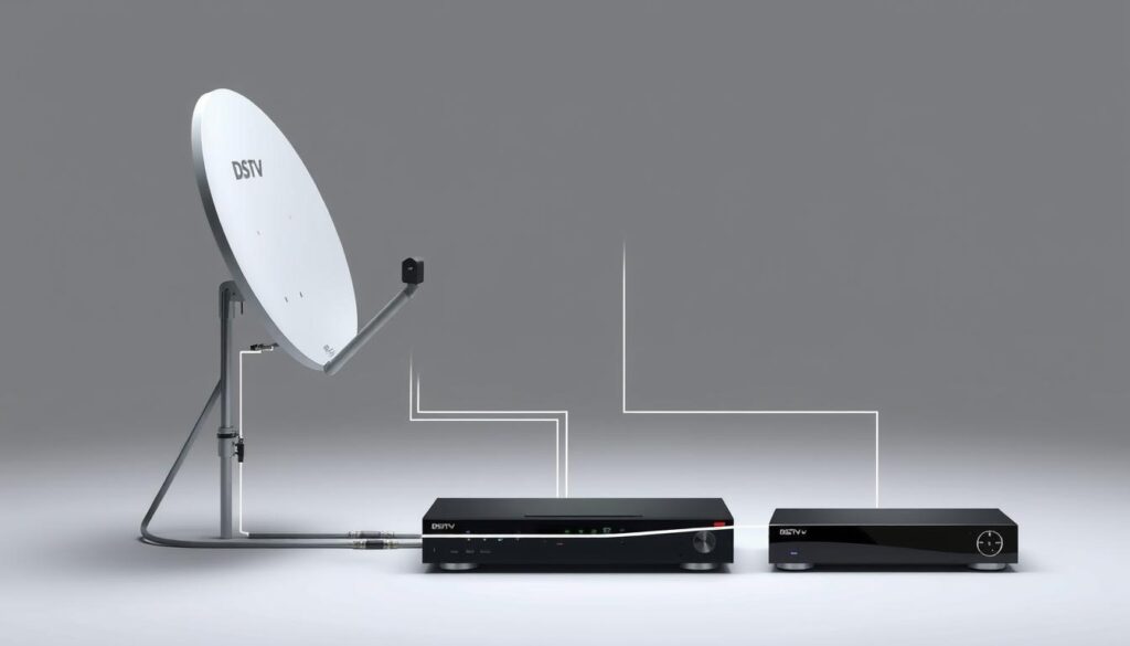 A highly detailed, technical diagram of a DStv Extra View installation, showcasing the Smart LNB connection. The image should depict the arrangement of the satellite dish, LNB, coaxial cables, and the STB (set-top box) in a clean, schematic style. Render the components with precision, using a neutral color palette and clean lines to convey a sense of technical proficiency. Incorporate subtle lighting from the side to create depth and highlight the key connections. Present the diagram from a slightly elevated, isometric angle to provide a clear, comprehensive view of the setup. Avoid any extraneous details or branding, keeping the focus solely on the core components and their interconnections. A highly detailed, technical diagram of a DStv Extra View installation, showcasing the Smart LNB connection. The image should depict the arrangement of the satellite dish, LNB, coaxial cables, and the STB (set-top box) in a clean, schematic style. Render the components with precision, using a neutral color palette and clean lines to convey a sense of technical proficiency. Incorporate subtle lighting from the side to create depth and highlight the key connections. Present the diagram from a slightly elevated, isometric angle to provide a clear, comprehensive view of the setup. Avoid any extraneous details or branding, keeping the focus solely on the core components and their interconnections.