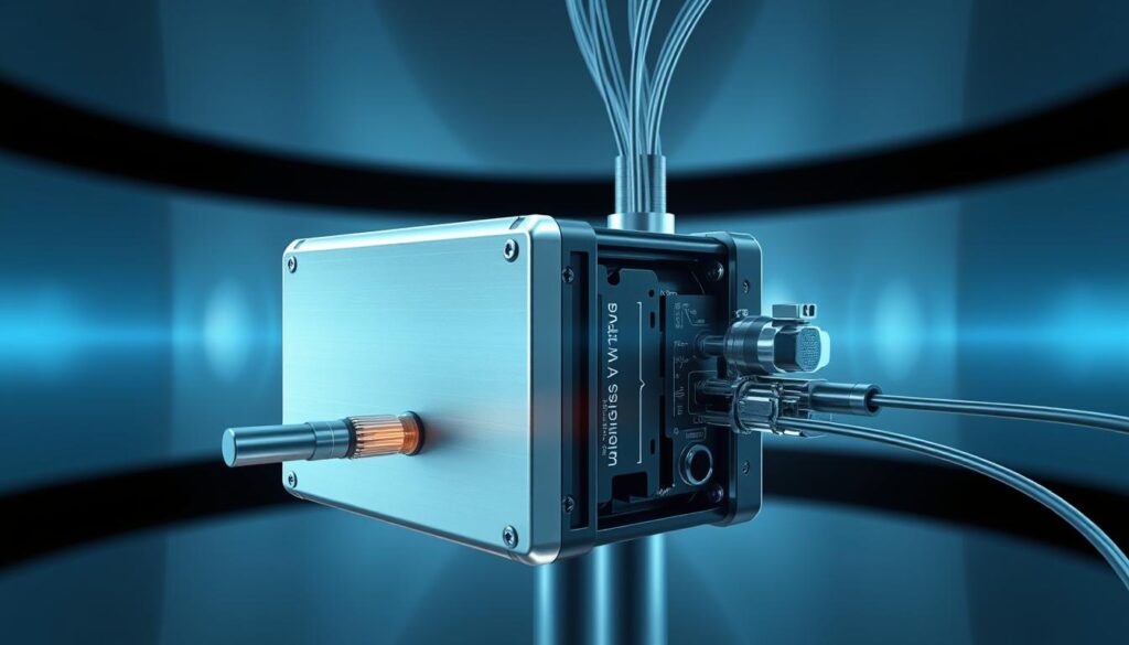 A highly detailed, technical illustration of a satellite communication system for fiber optic DStv distribution. Showcase the complex SAT-CR LNB (low-noise block) and its integration with fiber optic cables, creating a futuristic, sleek, and efficient satellite entertainment setup. Capture the advanced, cutting-edge technology with precision, capturing the intricate connections, components, and the overall sophisticated design. Depict the scene in a cool, neutral color palette, with subtle ambient lighting that highlights the technical elements. Emphasize the compact, modular nature of the system, conveying its scalability and versatility for modern homes and businesses. A highly detailed, technical illustration of a satellite communication system for fiber optic DStv distribution. Showcase the complex SAT-CR LNB (low-noise block) and its integration with fiber optic cables, creating a futuristic, sleek, and efficient satellite entertainment setup. Capture the advanced, cutting-edge technology with precision, capturing the intricate connections, components, and the overall sophisticated design. Depict the scene in a cool, neutral color palette, with subtle ambient lighting that highlights the technical elements. Emphasize the compact, modular nature of the system, conveying its scalability and versatility for modern homes and businesses.