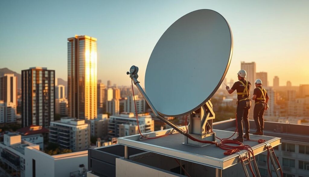 A large communal satellite dish installation on the roof of a modern apartment building in Sandton, South Africa. The dish is mounted on a sturdy metal frame, surrounded by satellite signal cables and technicians in safety harnesses working diligently to ensure proper alignment and connectivity. The scene is bathed in warm, golden sunlight, conveying a sense of expertise and professionalism. In the background, the gleaming skyscrapers of the Sandton financial district provide a fitting urban backdrop. The overall atmosphere radiates efficiency, attention to detail, and a commitment to providing reliable communal DStv services across the area. A large communal satellite dish installation on the roof of a modern apartment building in Sandton, South Africa. The dish is mounted on a sturdy metal frame, surrounded by satellite signal cables and technicians in safety harnesses working diligently to ensure proper alignment and connectivity. The scene is bathed in warm, golden sunlight, conveying a sense of expertise and professionalism. In the background, the gleaming skyscrapers of the Sandton financial district provide a fitting urban backdrop. The overall atmosphere radiates efficiency, attention to detail, and a commitment to providing reliable communal DStv services across the area.