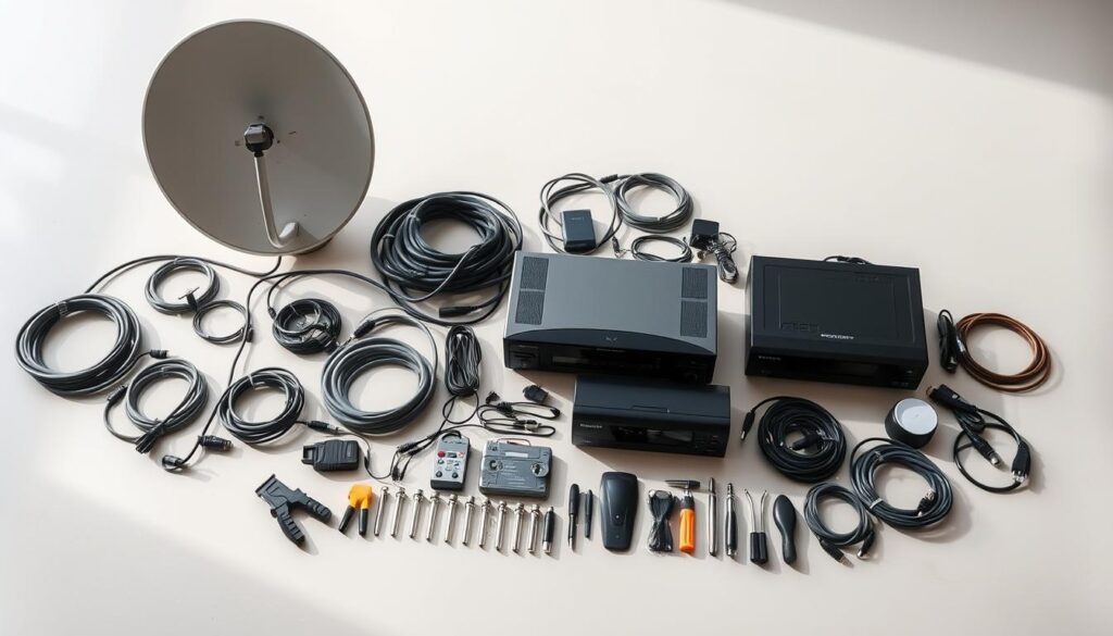 A meticulously arranged setup of professional DStv installation equipment, including a modern satellite dish, multiple high-definition receivers, cables, connectors, and specialized tools. The scene is illuminated by soft, diffused lighting, casting subtle shadows that accentuate the technical details. The equipment is neatly organized on a clean, neutral-colored surface, creating a sense of order and precision. The focus is on the core components of the DStv installation process, showcasing the intricate network of devices and the expertise required to ensure a seamless viewing experience. A meticulously arranged setup of professional DStv installation equipment, including a modern satellite dish, multiple high-definition receivers, cables, connectors, and specialized tools. The scene is illuminated by soft, diffused lighting, casting subtle shadows that accentuate the technical details. The equipment is neatly organized on a clean, neutral-colored surface, creating a sense of order and precision. The focus is on the core components of the DStv installation process, showcasing the intricate network of devices and the expertise required to ensure a seamless viewing experience.
