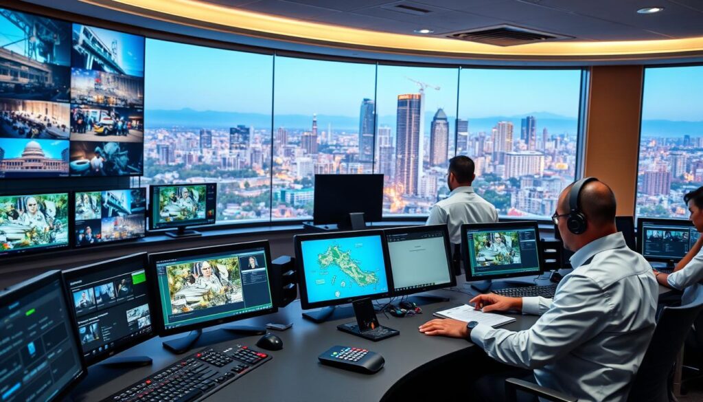 A modern and well-equipped hotel TV system control room in Sandton, South Africa. The foreground shows a sleek, high-tech dashboard with various monitoring screens and control panels, meticulously displaying the comprehensive coverage and maintenance services offered throughout the Sandton area. The middle ground features technicians in crisp uniforms diligently managing the systems, ensuring seamless television experiences for hotel guests. In the background, a panoramic view of the vibrant Sandton skyline, showcasing the extensive reach and capabilities of the TV service providers. Soft, directional lighting illuminates the scene, creating a professional and efficient atmosphere. A modern and well-equipped hotel TV system control room in Sandton, South Africa. The foreground shows a sleek, high-tech dashboard with various monitoring screens and control panels, meticulously displaying the comprehensive coverage and maintenance services offered throughout the Sandton area. The middle ground features technicians in crisp uniforms diligently managing the systems, ensuring seamless television experiences for hotel guests. In the background, a panoramic view of the vibrant Sandton skyline, showcasing the extensive reach and capabilities of the TV service providers. Soft, directional lighting illuminates the scene, creating a professional and efficient atmosphere.