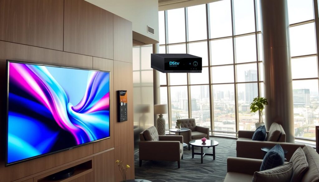 A modern, high-tech hotel lobby with sleek DStv entertainment systems seamlessly integrated into the space. In the foreground, a large flatscreen TV displays vibrant, crystal-clear programming, surrounded by elegant furniture and decor. The middle ground features discreetly mounted DStv receivers and a sophisticated control panel, allowing guests to easily navigate the advanced entertainment options. The background showcases floor-to-ceiling windows, letting in abundant natural light and offering a panoramic view of the bustling city outside. The overall atmosphere is one of sophistication, technology, and hospitality, creating an immersive and comfortable experience for hotel guests. A modern, high-tech hotel lobby with sleek DStv entertainment systems seamlessly integrated into the space. In the foreground, a large flatscreen TV displays vibrant, crystal-clear programming, surrounded by elegant furniture and decor. The middle ground features discreetly mounted DStv receivers and a sophisticated control panel, allowing guests to easily navigate the advanced entertainment options. The background showcases floor-to-ceiling windows, letting in abundant natural light and offering a panoramic view of the bustling city outside. The overall atmosphere is one of sophistication, technology, and hospitality, creating an immersive and comfortable experience for hotel guests.