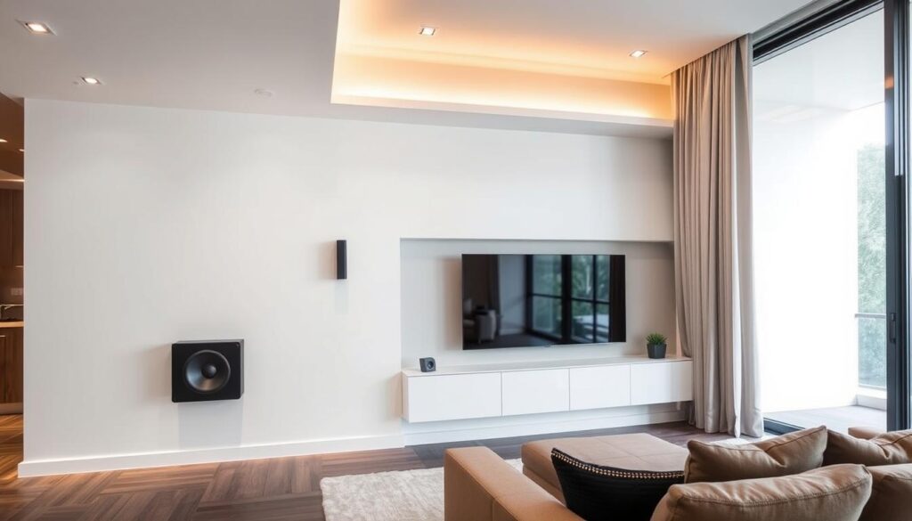 A modern, minimalist home audio installation showcased in a luxurious Sandton residence. The sleek, wall-mounted speakers and discreet subwoofer blend seamlessly into the stylish, open-concept living space. Warm, diffused lighting from recessed ceiling fixtures creates a sophisticated ambiance, while large windows flood the room with natural light, highlighting the high-quality finishes and premium materials used throughout. The minimalist, clutter-free design prioritizes superior sound quality and elegant aesthetics, perfectly encapsulating the expert craftsmanship and attention to detail that defines a premium home audio installation in Sandton. A modern, minimalist home audio installation showcased in a luxurious Sandton residence. The sleek, wall-mounted speakers and discreet subwoofer blend seamlessly into the stylish, open-concept living space. Warm, diffused lighting from recessed ceiling fixtures creates a sophisticated ambiance, while large windows flood the room with natural light, highlighting the high-quality finishes and premium materials used throughout. The minimalist, clutter-free design prioritizes superior sound quality and elegant aesthetics, perfectly encapsulating the expert craftsmanship and attention to detail that defines a premium home audio installation in Sandton.