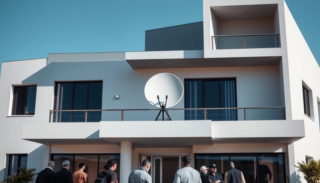 A modern, sleek commercial property with a centralized DStv dish system prominently displayed on the rooftop. The building has a clean, minimalist facade with large windows and a prominent entrance. In the foreground, a group of people are visible, possibly technicians or property managers, interacting with the system. The lighting is bright and directional, casting dramatic shadows and highlighting the architectural details. The overall mood is one of efficiency, professionalism, and high-tech integration, reflecting the ideal solution for multi-unit developments and commercial properties. A modern, sleek commercial property with a centralized DStv dish system prominently displayed on the rooftop. The building has a clean, minimalist facade with large windows and a prominent entrance. In the foreground, a group of people are visible, possibly technicians or property managers, interacting with the system. The lighting is bright and directional, casting dramatic shadows and highlighting the architectural details. The overall mood is one of efficiency, professionalism, and high-tech integration, reflecting the ideal solution for multi-unit developments and commercial properties.