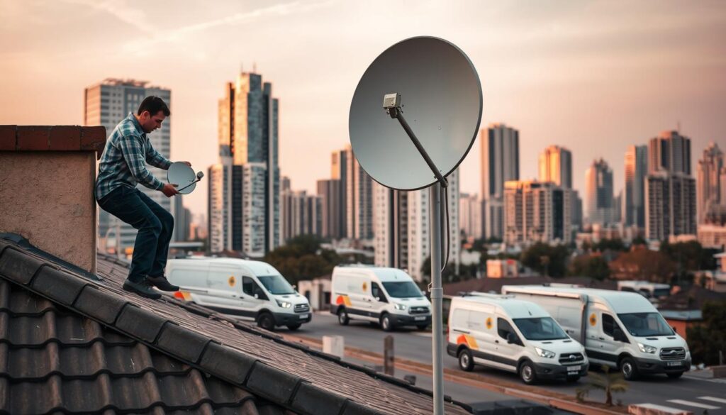 A modern, well-equipped DStv dish relocation service operation in the commercial heart of Sandton. In the foreground, a technician carefully removes a satellite dish from a residential rooftop, handling the equipment with precision. The middle ground showcases the company's fleet of service vehicles, their sleek branding visible. In the background, the distinctive high-rise buildings of the Sandton skyline lend an urban, professional atmosphere. Soft, warm lighting illuminates the scene, creating a sense of competence and reliability. The composition emphasizes the seamless, efficient DStv relocation process, reflecting the service benefits described in the article section. A modern, well-equipped DStv dish relocation service operation in the commercial heart of Sandton. In the foreground, a technician carefully removes a satellite dish from a residential rooftop, handling the equipment with precision. The middle ground showcases the company's fleet of service vehicles, their sleek branding visible. In the background, the distinctive high-rise buildings of the Sandton skyline lend an urban, professional atmosphere. Soft, warm lighting illuminates the scene, creating a sense of competence and reliability. The composition emphasizes the seamless, efficient DStv relocation process, reflecting the service benefits described in the article section.