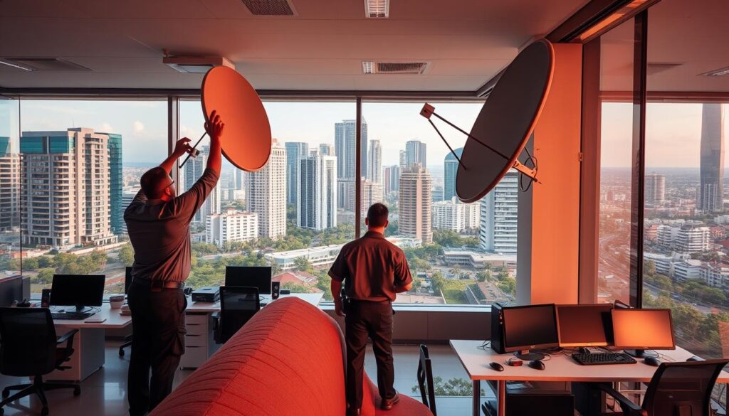 A modern, well-equipped DStv installation and relocation office in Sandton, South Africa. The foreground features a team of professional technicians in uniform, meticulously installing or relocating a DStv satellite dish on a residential rooftop. The middle ground showcases the office interior, with desks, computers, and DStv equipment neatly organized. The background highlights the vibrant, upscale Sandton cityscape, with towering skyscrapers and lush greenery. Warm, natural lighting illuminates the scene, conveying a sense of expertise, efficiency, and customer-centric service. The overall atmosphere is one of trust, reliability, and a commitment to providing seamless DStv solutions for Sandton residents. A modern, well-equipped DStv installation and relocation office in Sandton, South Africa. The foreground features a team of professional technicians in uniform, meticulously installing or relocating a DStv satellite dish on a residential rooftop. The middle ground showcases the office interior, with desks, computers, and DStv equipment neatly organized. The background highlights the vibrant, upscale Sandton cityscape, with towering skyscrapers and lush greenery. Warm, natural lighting illuminates the scene, conveying a sense of expertise, efficiency, and customer-centric service. The overall atmosphere is one of trust, reliability, and a commitment to providing seamless DStv solutions for Sandton residents.