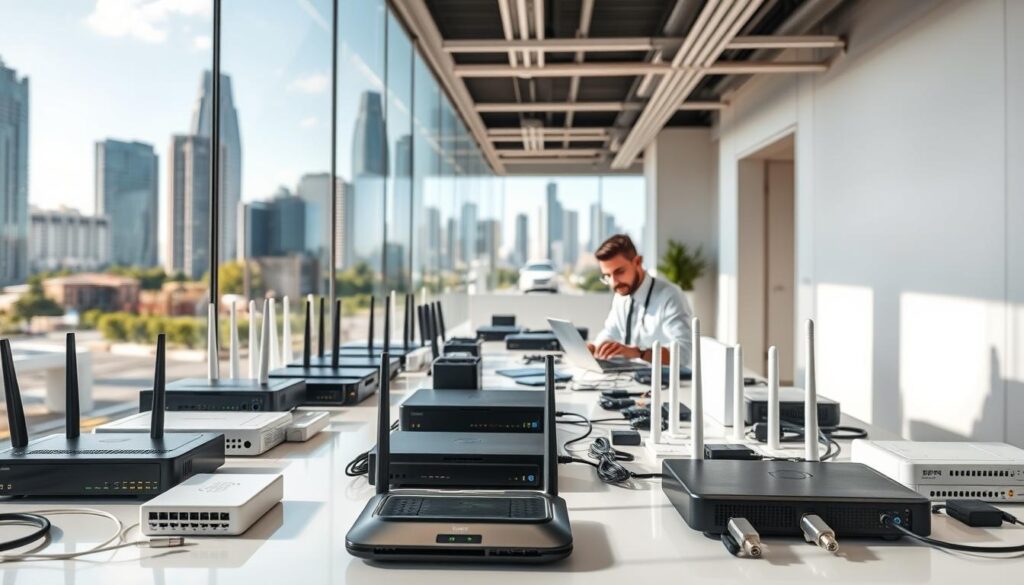 A modern, well-equipped Wi-Fi installation workshop in Sandton, with a sleek, minimalist design. The foreground features an array of Wi-Fi routers, modems, and networking equipment laid out on a clean, white workbench. The middle ground showcases a technician in a crisp, professional uniform working diligently on a laptop, surrounded by various tools and cables. The background depicts the vibrant, bustling cityscape of Sandton, with high-rise buildings and lush greenery, conveying a sense of progress and technological advancement. The lighting is bright and natural, creating a warm, inviting atmosphere that exudes professionalism and expertise. A modern, well-equipped Wi-Fi installation workshop in Sandton, with a sleek, minimalist design. The foreground features an array of Wi-Fi routers, modems, and networking equipment laid out on a clean, white workbench. The middle ground showcases a technician in a crisp, professional uniform working diligently on a laptop, surrounded by various tools and cables. The background depicts the vibrant, bustling cityscape of Sandton, with high-rise buildings and lush greenery, conveying a sense of progress and technological advancement. The lighting is bright and natural, creating a warm, inviting atmosphere that exudes professionalism and expertise.