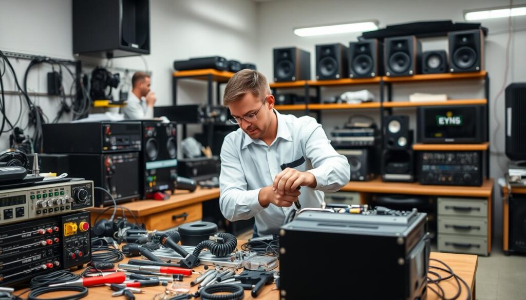 A modern, well-equipped audio repair workshop with a technician meticulously examining and repairing a sound system component. The foreground features an array of specialized tools, diagnostic equipment, and spare parts neatly organized on a sturdy workbench. In the middle ground, the technician, wearing a crisp, professional uniform, is intently focused on the task at hand, utilizing their extensive expertise to identify and address any issues. The background showcases a clean, organized, and well-lit space, conveying a sense of efficiency and attention to detail that defines the comprehensive technical support services offered throughout Sandton. A modern, well-equipped audio repair workshop with a technician meticulously examining and repairing a sound system component. The foreground features an array of specialized tools, diagnostic equipment, and spare parts neatly organized on a sturdy workbench. In the middle ground, the technician, wearing a crisp, professional uniform, is intently focused on the task at hand, utilizing their extensive expertise to identify and address any issues. The background showcases a clean, organized, and well-lit space, conveying a sense of efficiency and attention to detail that defines the comprehensive technical support services offered throughout Sandton.