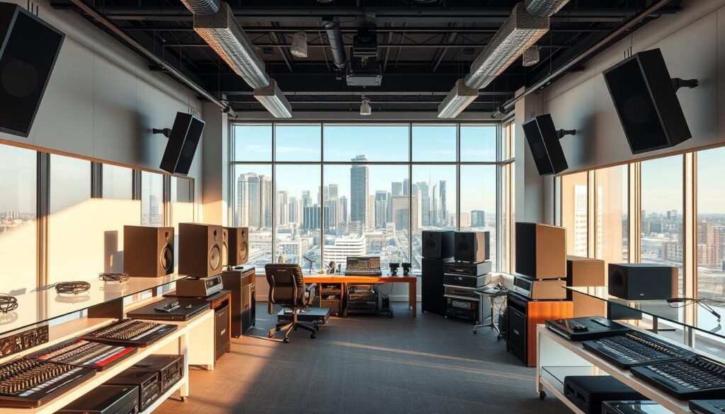 A modern, well-equipped audio solutions showroom in Sandton, South Africa. The foreground features a range of professional audio equipment, including speakers, mixers, and microphones, arranged on sleek display shelves. The middle ground showcases a large, open-concept workspace with high ceilings and abundant natural light filtering in through floor-to-ceiling windows. The background depicts the vibrant Sandton skyline, with skyscrapers and office buildings in the distance. The lighting is soft and inviting, creating a welcoming atmosphere for potential commercial clients. The overall scene conveys a sense of expertise, innovation, and a commitment to providing top-notch audio solutions for Sandton businesses. A modern, well-equipped audio solutions showroom in Sandton, South Africa. The foreground features a range of professional audio equipment, including speakers, mixers, and microphones, arranged on sleek display shelves. The middle ground showcases a large, open-concept workspace with high ceilings and abundant natural light filtering in through floor-to-ceiling windows. The background depicts the vibrant Sandton skyline, with skyscrapers and office buildings in the distance. The lighting is soft and inviting, creating a welcoming atmosphere for potential commercial clients. The overall scene conveys a sense of expertise, innovation, and a commitment to providing top-notch audio solutions for Sandton businesses.