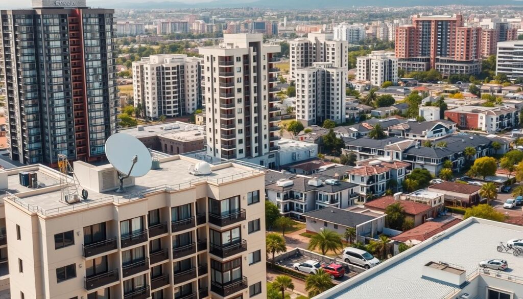 A modern, well-equipped commercial building with a variety of DStv systems installed, catering to diverse property types. In the foreground, a sleek, high-end residential apartment complex with a satellite dish prominently displayed on the roof. In the middle ground, a bustling office tower showcasing a communal DStv setup serving multiple tenants. In the background, a series of townhouses and low-rise buildings, each with their own tailored DStv solutions. The scene is bathed in warm, natural lighting, conveying a sense of efficiency, connectivity, and comprehensive DStv coverage for all property types within the Sandton area. A modern, well-equipped commercial building with a variety of DStv systems installed, catering to diverse property types. In the foreground, a sleek, high-end residential apartment complex with a satellite dish prominently displayed on the roof. In the middle ground, a bustling office tower showcasing a communal DStv setup serving multiple tenants. In the background, a series of townhouses and low-rise buildings, each with their own tailored DStv solutions. The scene is bathed in warm, natural lighting, conveying a sense of efficiency, connectivity, and comprehensive DStv coverage for all property types within the Sandton area.