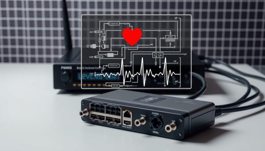 A neatly arranged technical setup with a digital receiver, cables, and a troubleshooting heartbeat icon. The foreground shows the components in clean, muted tones, with clear view of the ports and connections. The middle ground has a schematic diagram overlaying the components, highlighting the signal flow and potential issues. The background features a subtle grid or circuit board pattern, conveying the electronic nature of the system. Soft, directional lighting casts subtle shadows, emphasizing the textures and details. The overall mood is one of problem-solving, with a calm, analytical atmosphere to guide the viewer through the troubleshooting process. A neatly arranged technical setup with a digital receiver, cables, and a troubleshooting heartbeat icon. The foreground shows the components in clean, muted tones, with clear view of the ports and connections. The middle ground has a schematic diagram overlaying the components, highlighting the signal flow and potential issues. The background features a subtle grid or circuit board pattern, conveying the electronic nature of the system. Soft, directional lighting casts subtle shadows, emphasizing the textures and details. The overall mood is one of problem-solving, with a calm, analytical atmosphere to guide the viewer through the troubleshooting process.