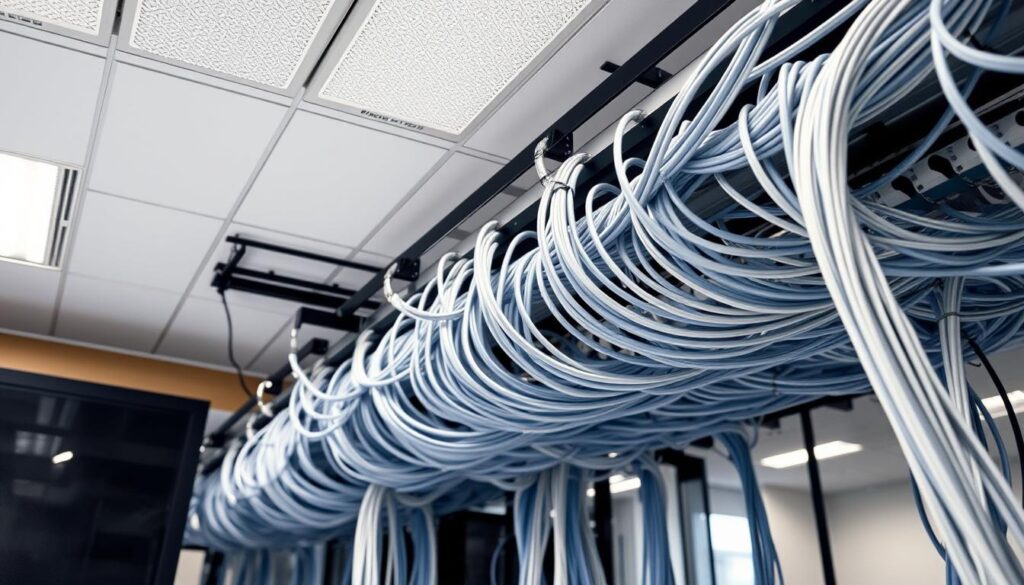 A neatly organized and expertly installed professional cable management system. The scene depicts a well-lit office or server room, with cables meticulously routed and secured through cable trays, raceways, and sleeves. The layout is visually appealing, with clean lines and a harmonious flow of cables that seamlessly integrate with the surrounding environment. The lighting casts a warm, focused glow, highlighting the intricate details of the installation. The camera angle provides a clear, unobstructed view, allowing the viewer to appreciate the technical expertise and attention to detail involved in the cable management process. A neatly organized and expertly installed professional cable management system. The scene depicts a well-lit office or server room, with cables meticulously routed and secured through cable trays, raceways, and sleeves. The layout is visually appealing, with clean lines and a harmonious flow of cables that seamlessly integrate with the surrounding environment. The lighting casts a warm, focused glow, highlighting the intricate details of the installation. The camera angle provides a clear, unobstructed view, allowing the viewer to appreciate the technical expertise and attention to detail involved in the cable management process.