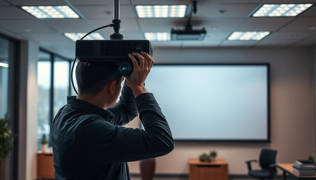 A neatly organized commercial office space, dimly lit with warm, focused lighting. In the foreground, a professional technician carefully installs a state-of-the-art projector, meticulously aligning the lens and connecting sleek cables. The middle ground features a large, pristine projection screen mounted on the wall, ready to display high-quality visuals. In the background, modern office furnishings and decor create a sophisticated, business-oriented atmosphere. The scene conveys a sense of expertise, attention to detail, and a commitment to providing exceptional projector installation services for any professional setting. A neatly organized commercial office space, dimly lit with warm, focused lighting. In the foreground, a professional technician carefully installs a state-of-the-art projector, meticulously aligning the lens and connecting sleek cables. The middle ground features a large, pristine projection screen mounted on the wall, ready to display high-quality visuals. In the background, modern office furnishings and decor create a sophisticated, business-oriented atmosphere. The scene conveys a sense of expertise, attention to detail, and a commitment to providing exceptional projector installation services for any professional setting.