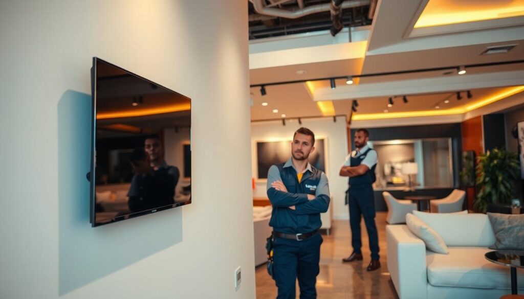 A neatly organized display of a smart TV wall mounting service in Sandton, South Africa. The foreground showcases a sleek, modern flat-screen TV mounted seamlessly on a clean, minimalist wall. In the middle ground, a technician in a professional uniform confidently installs the TV, their tools and equipment neatly arranged. The background features a stylish, well-lit showroom with contemporary furnishings, creating an atmosphere of expertise and customer-centric service. Warm, diffused lighting casts a pleasant glow, and the camera angle captures the scene from a slightly elevated perspective, emphasizing the professional and reliable nature of the smart TV wall mounting service. A neatly organized display of a smart TV wall mounting service in Sandton, South Africa. The foreground showcases a sleek, modern flat-screen TV mounted seamlessly on a clean, minimalist wall. In the middle ground, a technician in a professional uniform confidently installs the TV, their tools and equipment neatly arranged. The background features a stylish, well-lit showroom with contemporary furnishings, creating an atmosphere of expertise and customer-centric service. Warm, diffused lighting casts a pleasant glow, and the camera angle captures the scene from a slightly elevated perspective, emphasizing the professional and reliable nature of the smart TV wall mounting service.