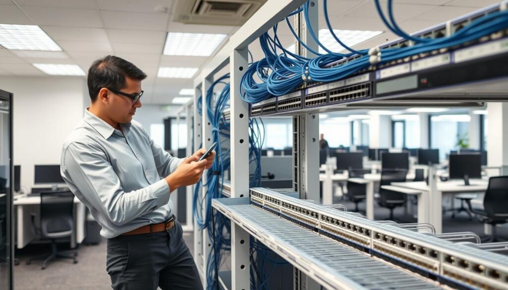 A neatly organized office space with professional-grade data cabling and networking equipment. In the foreground, a technician in a collared shirt and slacks carefully installs and labels a series of high-speed ethernet cables, routers, and switches. The middle ground features a well-structured cabling management system, with cables expertly routed and secured. The background showcases a clean, well-lit environment with task lighting and modern computer workstations, conveying a sense of efficiency and technical expertise. The overall scene exudes a tone of precision, attention to detail, and a commitment to providing top-notch data cabling installation services. A neatly organized office space with professional-grade data cabling and networking equipment. In the foreground, a technician in a collared shirt and slacks carefully installs and labels a series of high-speed ethernet cables, routers, and switches. The middle ground features a well-structured cabling management system, with cables expertly routed and secured. The background showcases a clean, well-lit environment with task lighting and modern computer workstations, conveying a sense of efficiency and technical expertise. The overall scene exudes a tone of precision, attention to detail, and a commitment to providing top-notch data cabling installation services.