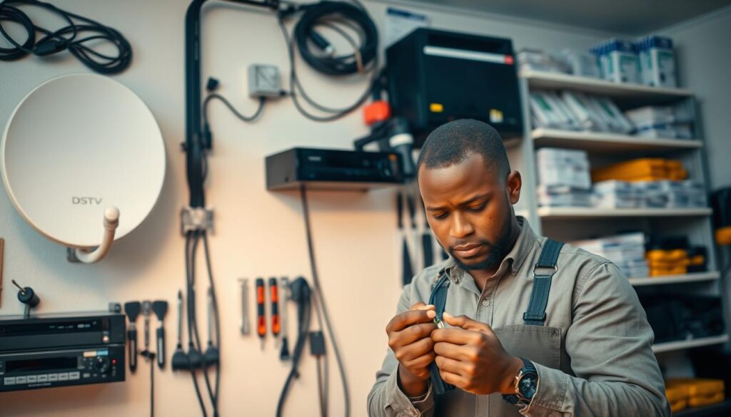 A neatly organized workshop with DStv installation equipment and tools meticulously arranged. In the foreground, a technician is carefully connecting wires and cables, their focus evident in their expression. The middle ground showcases a wall-mounted DStv decoder, satellite dish, and other components, demonstrating the comprehensive nature of the installation services. The background features shelves stocked with spare parts and manuals, conveying the depth of expertise and attention to detail. Soft, warm lighting illuminates the scene, creating a professional and inviting atmosphere for the DStv installation process. A neatly organized workshop with DStv installation equipment and tools meticulously arranged. In the foreground, a technician is carefully connecting wires and cables, their focus evident in their expression. The middle ground showcases a wall-mounted DStv decoder, satellite dish, and other components, demonstrating the comprehensive nature of the installation services. The background features shelves stocked with spare parts and manuals, conveying the depth of expertise and attention to detail. Soft, warm lighting illuminates the scene, creating a professional and inviting atmosphere for the DStv installation process.