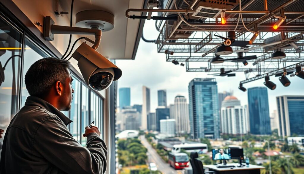 A professional CCTV installation in a bustling Sandton commercial district. In the foreground, a technician diligently wiring a state-of-the-art surveillance camera mounted on the facade of a modern high-rise building. The middle ground showcases the integrated system of networked cameras covering the entire area, with screens displaying live feeds in a nearby control room. In the background, the vibrant Sandton skyline, with towering skyscrapers and lush greenery, creates a dynamic and secure environment. Lighting is a balance of warm, ambient illumination and crisp, directional beams highlighting the CCTV equipment. The overall mood conveys a sense of professionalism, efficiency, and comprehensive security coverage across the Sandton region. A professional CCTV installation in a bustling Sandton commercial district. In the foreground, a technician diligently wiring a state-of-the-art surveillance camera mounted on the facade of a modern high-rise building. The middle ground showcases the integrated system of networked cameras covering the entire area, with screens displaying live feeds in a nearby control room. In the background, the vibrant Sandton skyline, with towering skyscrapers and lush greenery, creates a dynamic and secure environment. Lighting is a balance of warm, ambient illumination and crisp, directional beams highlighting the CCTV equipment. The overall mood conveys a sense of professionalism, efficiency, and comprehensive security coverage across the Sandton region.