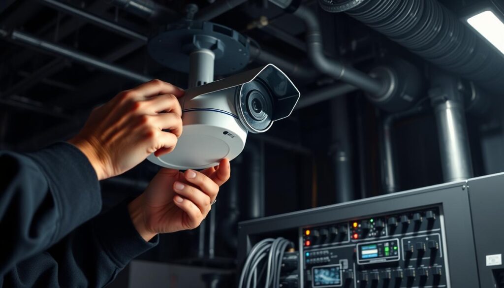 A professional CCTV installer meticulously setting up a commercial-grade surveillance system. The foreground shows their hands deftly configuring a sleek, modern camera unit mounted on a sturdy metal bracket. The middle ground features a collection of network cables, power adapters, and a control panel with an array of indicator lights. In the background, a dimly lit industrial setting with exposed pipes and ventilation ducts creates an atmosphere of heightened security. Soft, directional lighting from above casts subtle shadows, emphasizing the precision and care taken in the installation process. The overall scene conveys a sense of expertise, reliability, and the importance of comprehensive security solutions. A professional CCTV installer meticulously setting up a commercial-grade surveillance system. The foreground shows their hands deftly configuring a sleek, modern camera unit mounted on a sturdy metal bracket. The middle ground features a collection of network cables, power adapters, and a control panel with an array of indicator lights. In the background, a dimly lit industrial setting with exposed pipes and ventilation ducts creates an atmosphere of heightened security. Soft, directional lighting from above casts subtle shadows, emphasizing the precision and care taken in the installation process. The overall scene conveys a sense of expertise, reliability, and the importance of comprehensive security solutions.