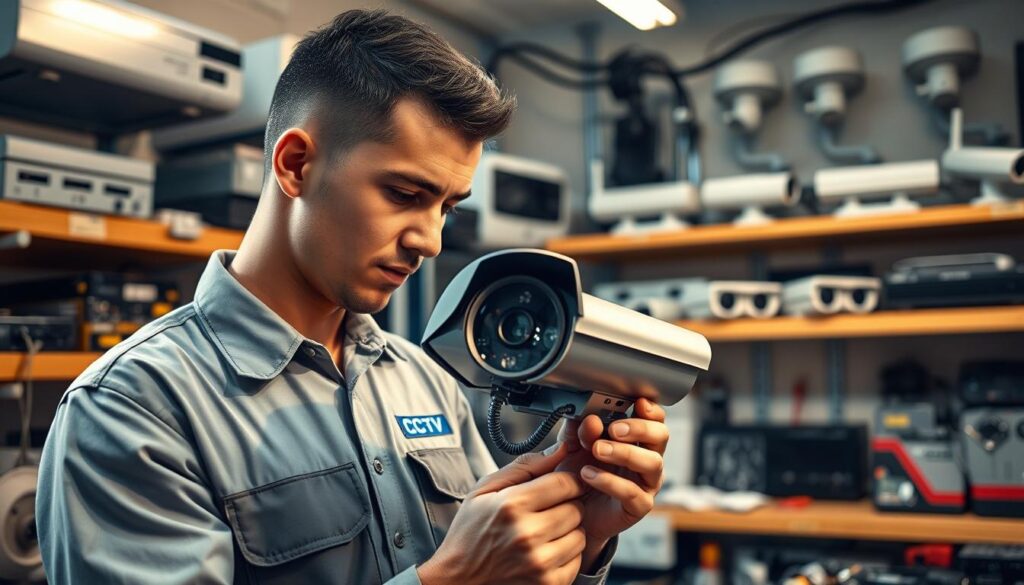 A professional CCTV repair technician, wearing a crisp, logo-emblazoned uniform, stands in a well-equipped workshop. Surrounded by an array of diagnostic tools and spare parts, the technician intently examines the inner workings of a surveillance camera, meticulously troubleshooting and preparing to restore it to full functionality. The workshop's clean, organized layout and state-of-the-art equipment convey a sense of expertise and attention to detail. Soft, directional lighting casts a warm glow, highlighting the technician's focused expression and the intricate components of the camera. In the background, shelves display a selection of CCTV systems, ready to be installed or serviced, conveying the full scope of the professional CCTV repair services offered in Sandton. A professional CCTV repair technician, wearing a crisp, logo-emblazoned uniform, stands in a well-equipped workshop. Surrounded by an array of diagnostic tools and spare parts, the technician intently examines the inner workings of a surveillance camera, meticulously troubleshooting and preparing to restore it to full functionality. The workshop's clean, organized layout and state-of-the-art equipment convey a sense of expertise and attention to detail. Soft, directional lighting casts a warm glow, highlighting the technician's focused expression and the intricate components of the camera. In the background, shelves display a selection of CCTV systems, ready to be installed or serviced, conveying the full scope of the professional CCTV repair services offered in Sandton.