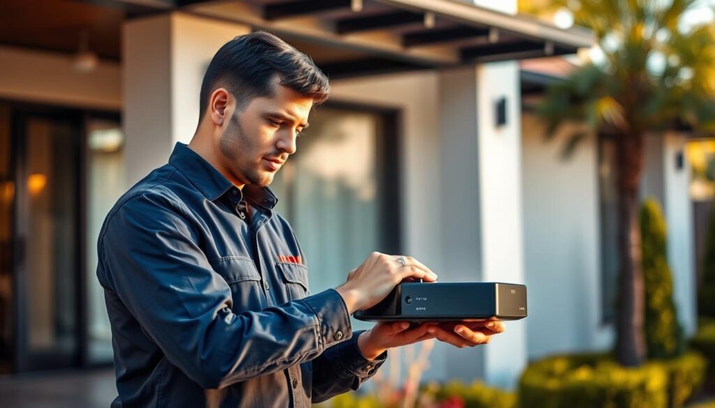 A professional DSTV Explora installation in Sandton, South Africa. A technician in a crisp uniform stands before a modern, stylish home, carefully configuring the Explora set-top box. The scene is bathed in warm, natural lighting, accentuating the sleek lines of the equipment and the manicured garden in the background. The technician's expression is one of focused expertise, ensuring a seamless installation process. The image conveys a sense of professionalism, attention to detail, and a commitment to providing high-quality DSTV services to the discerning Sandton clientele. A professional DSTV Explora installation in Sandton, South Africa. A technician in a crisp uniform stands before a modern, stylish home, carefully configuring the Explora set-top box. The scene is bathed in warm, natural lighting, accentuating the sleek lines of the equipment and the manicured garden in the background. The technician's expression is one of focused expertise, ensuring a seamless installation process. The image conveys a sense of professionalism, attention to detail, and a commitment to providing high-quality DSTV services to the discerning Sandton clientele.
