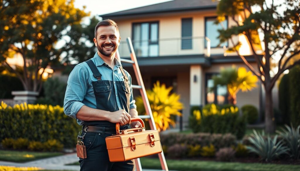A professional DSTV installation technician carrying a toolbox and ladder, standing in front of a modern two-story residential house with lush, well-manicured gardens. The scene is bathed in warm, golden afternoon sunlight, creating long shadows. The technician has a friendly, approachable demeanor, ready to provide expert DSTV installation and repair services to the homeowner. The foreground is in sharp focus, while the background softly blurs, emphasizing the technician's role. The overall atmosphere conveys a sense of competence, reliability, and customer-centric service. A professional DSTV installation technician carrying a toolbox and ladder, standing in front of a modern two-story residential house with lush, well-manicured gardens. The scene is bathed in warm, golden afternoon sunlight, creating long shadows. The technician has a friendly, approachable demeanor, ready to provide expert DSTV installation and repair services to the homeowner. The foreground is in sharp focus, while the background softly blurs, emphasizing the technician's role. The overall atmosphere conveys a sense of competence, reliability, and customer-centric service.
