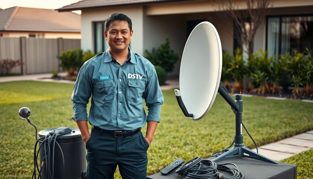 A professional DSTV technician standing confidently in a well-lit residential setting, surrounded by the tools of his trade - a satellite dish, cables, and a remote control. The technician is dressed in a clean, branded uniform, exuding an air of expertise and reliability. The background features a neatly manicured lawn and a modern, suburban home, conveying a sense of professionalism and trustworthiness. The lighting is natural, with soft shadows and highlights that accentuate the technician's features and the details of the equipment. The overall mood is one of competence, reliability, and customer-focused service. A professional DSTV technician standing confidently in a well-lit residential setting, surrounded by the tools of his trade - a satellite dish, cables, and a remote control. The technician is dressed in a clean, branded uniform, exuding an air of expertise and reliability. The background features a neatly manicured lawn and a modern, suburban home, conveying a sense of professionalism and trustworthiness. The lighting is natural, with soft shadows and highlights that accentuate the technician's features and the details of the equipment. The overall mood is one of competence, reliability, and customer-focused service.