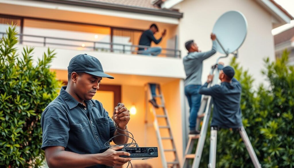 A professional DStv installation crew working diligently in a well-lit suburban home. In the foreground, a technician carefully connects cables and configures the DStv decoder, ensuring seamless audio-visual integration. In the middle ground, another technician ascends a ladder, skillfully aligning the satellite dish for optimal signal reception. The background features the sleek, modern exterior of the residence, with lush greenery framing the scene. The overall atmosphere conveys a sense of expertise, efficiency, and customer-centric service. A professional DStv installation crew working diligently in a well-lit suburban home. In the foreground, a technician carefully connects cables and configures the DStv decoder, ensuring seamless audio-visual integration. In the middle ground, another technician ascends a ladder, skillfully aligning the satellite dish for optimal signal reception. The background features the sleek, modern exterior of the residence, with lush greenery framing the scene. The overall atmosphere conveys a sense of expertise, efficiency, and customer-centric service.
