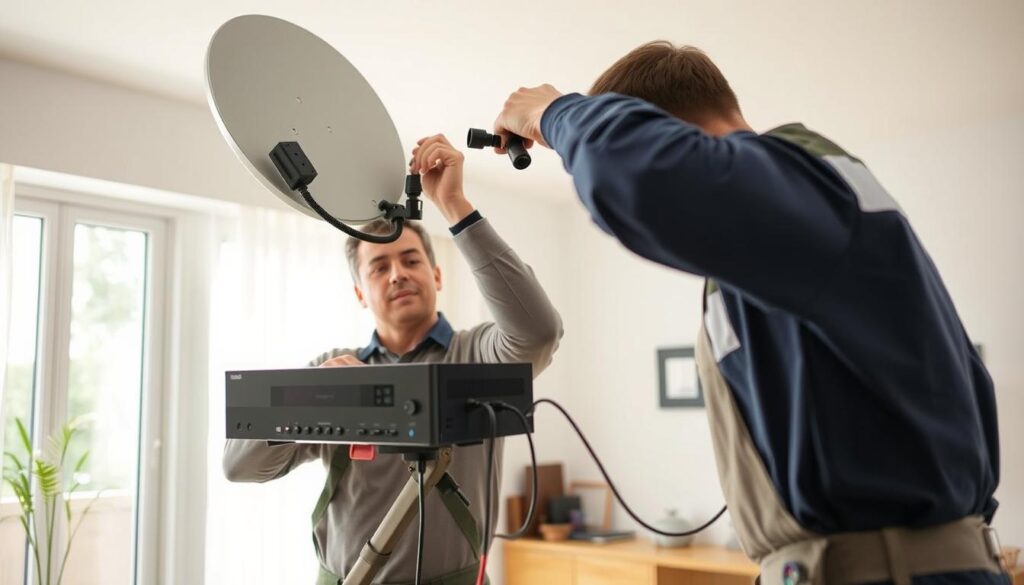 A professional DStv installation process in a well-lit, modern home interior. In the foreground, a technician carefully mounts a sleek DStv decoder and satellite dish, ensuring a secure and seamless setup. The middle ground shows the technician meticulously routing cables and connections, adhering to industry best practices. In the background, a wide-angle view captures the overall layout of the room, showcasing the technician's attention to detail and the high-quality finish of the installation. The scene conveys a sense of professionalism, efficiency, and customer-centric service, reflecting the subject and section title of the article. A professional DStv installation process in a well-lit, modern home interior. In the foreground, a technician carefully mounts a sleek DStv decoder and satellite dish, ensuring a secure and seamless setup. The middle ground shows the technician meticulously routing cables and connections, adhering to industry best practices. In the background, a wide-angle view captures the overall layout of the room, showcasing the technician's attention to detail and the high-quality finish of the installation. The scene conveys a sense of professionalism, efficiency, and customer-centric service, reflecting the subject and section title of the article.